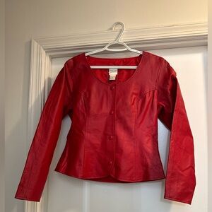 Brand new style work red leather jacket that cut low in the front.